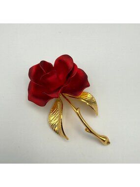 Cerrito Red Enamel Rose Flower Pin Brooch Gold Tone Flower Power Vintage